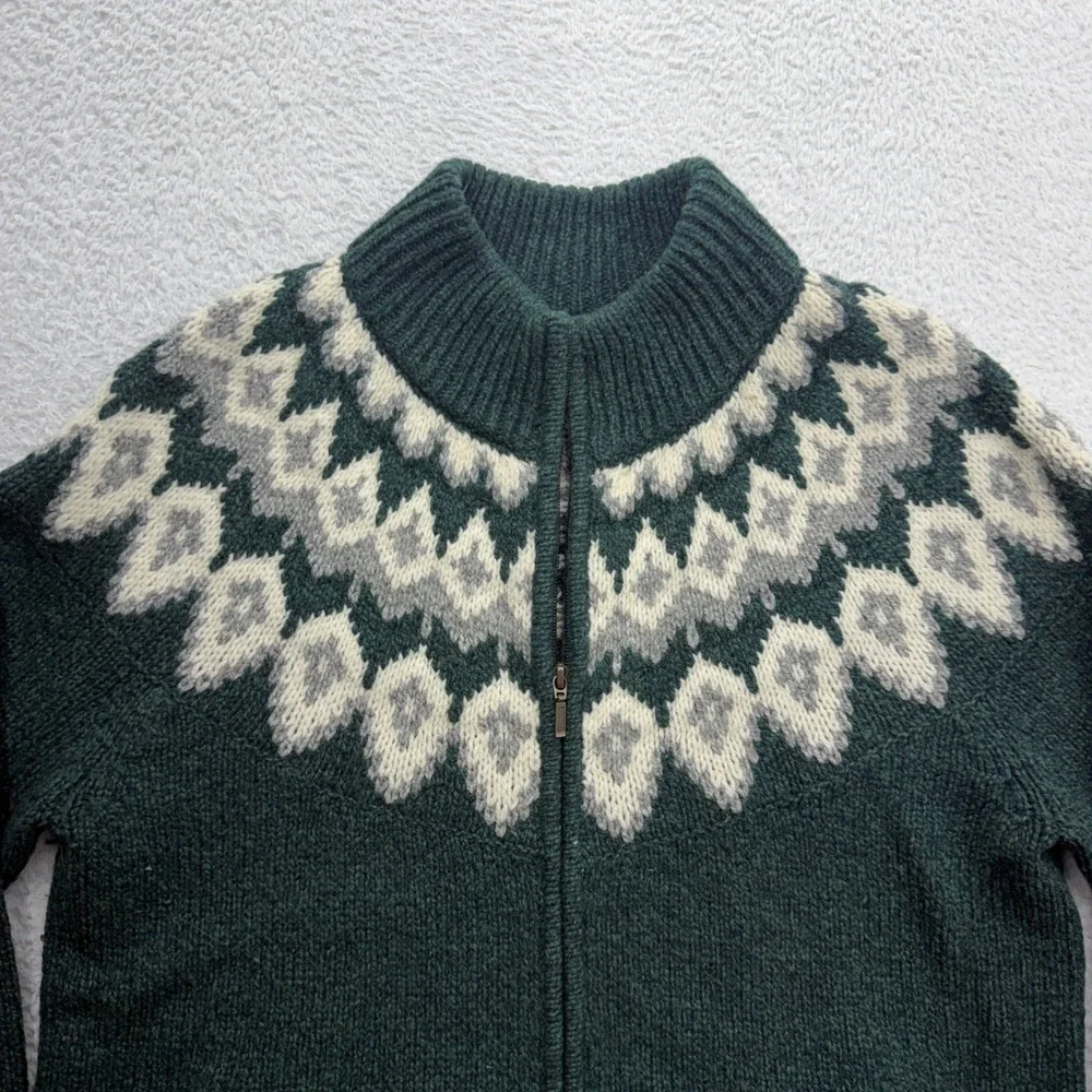 LL Bean Women XL Forest Green 100% Lambswool Fair Isle Full Zip Cardigan Sweater